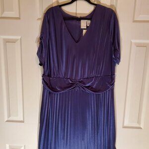 NWT Roaman's Royal Shiny Navy Blue Gathered Waist V Neck SS Dress Size 26W